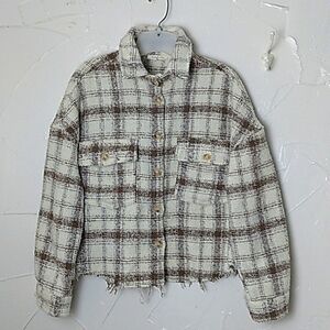 Plaid Oversized‎ Jacket Sz Small Boxy Raw Hem Cabin Girl